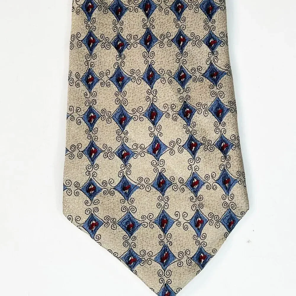 Jerry J. Garcia Geometric Print Mens Neck Tie Beige Blue Burgundy 100% Silk